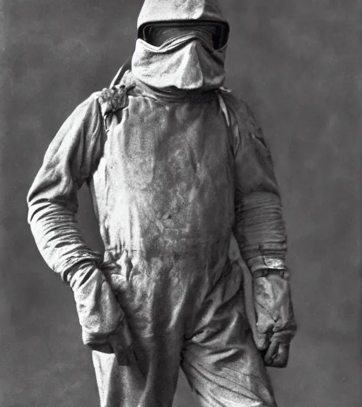 Prompt: man in a anti-radiation suit, ww1 film photo, grainy, high detail, high resolution