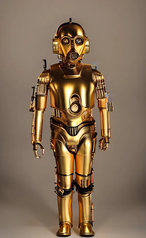 Prompt: female version of c 3 po, promotional photo, studio lighting