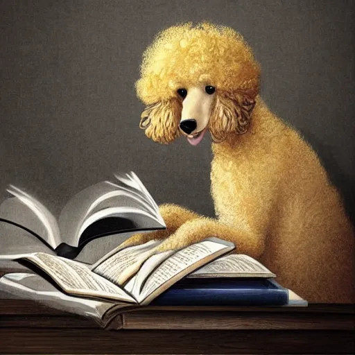 Image similar to “portrait of a poodle reading a book, artstation, high detailed”