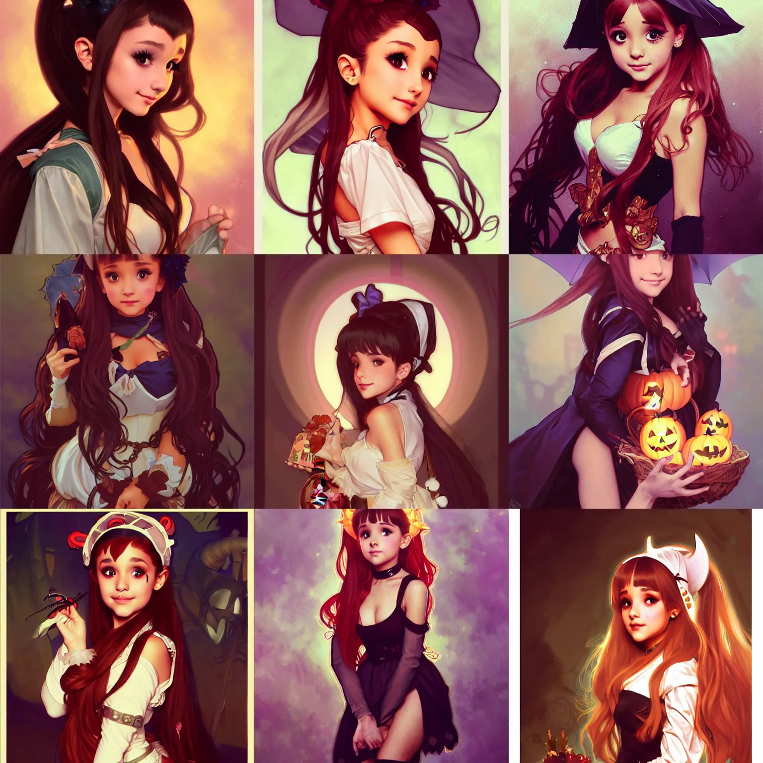 Prompt: ariana grande trick or treating in halloween night, intricate illustration by krenz cushart, alphonse mucha, artgerm, trending on artstation