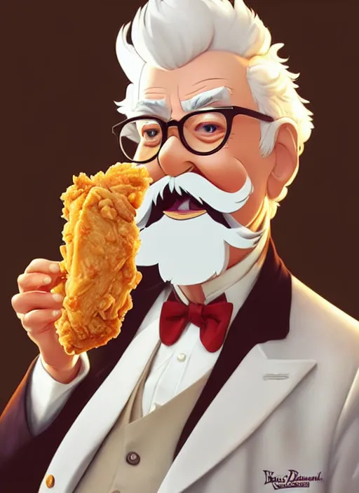 Image similar to cute colonel sanders eating fried chicken, natural lighting, path traced, highly detailed, high quality, digital painting, by don bluth and ross tran and studio ghibli and alphonse mucha, artgerm