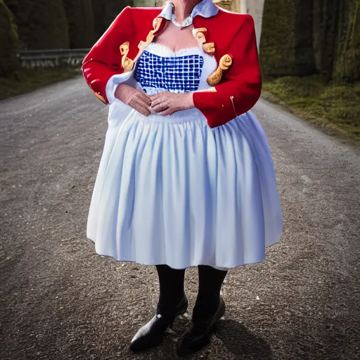 Image similar to female Donald Trump in bavarian dress , 50mm photography, high quality, 4K