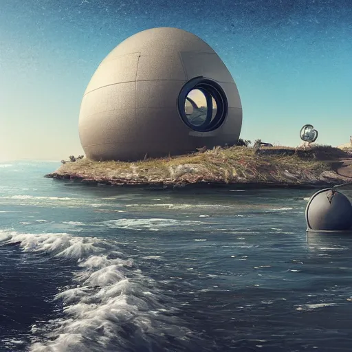 Image similar to sci - fi round building next to the sea pumping gushing water into a parched desert, river with trees, a sense of hope, hyper realistic, high res, 4 k, edouard groult, bynde, kirill leonov, isaac zuren