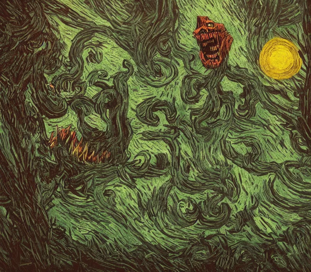 Image similar to a terrifying stawbery monster with sharp teeth in a glowing swamp in the style of van gogh, heavenly, pastel, cute, dark, scary, eerie, trending on artstation, digital art.