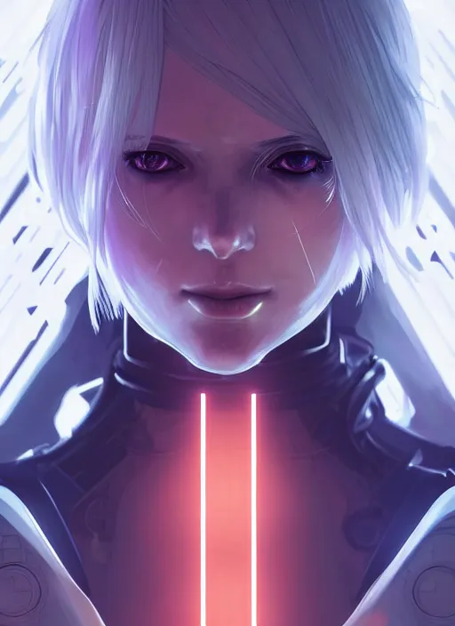 Prompt: symmetry portrait of a 2 from nier automata, sci - fi, tech wear, glowing lights intricate, elegant, highly detailed, digital painting, artstation, concept art, smooth, sharp focus, illustration, art by artgerm and greg rutkowski and alphonse mucha