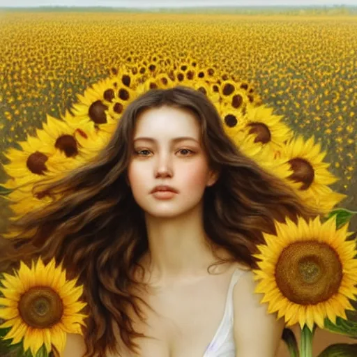 Image similar to a girl slowly walking through amazing tall sunflower field, hair flowing, early morning lighting, elegant, subtle, intricate details, beautiful face!, real masterpiece, oil on canvas, by karol bak, ayami kojima, artgerm, smile, concept art, fantasy