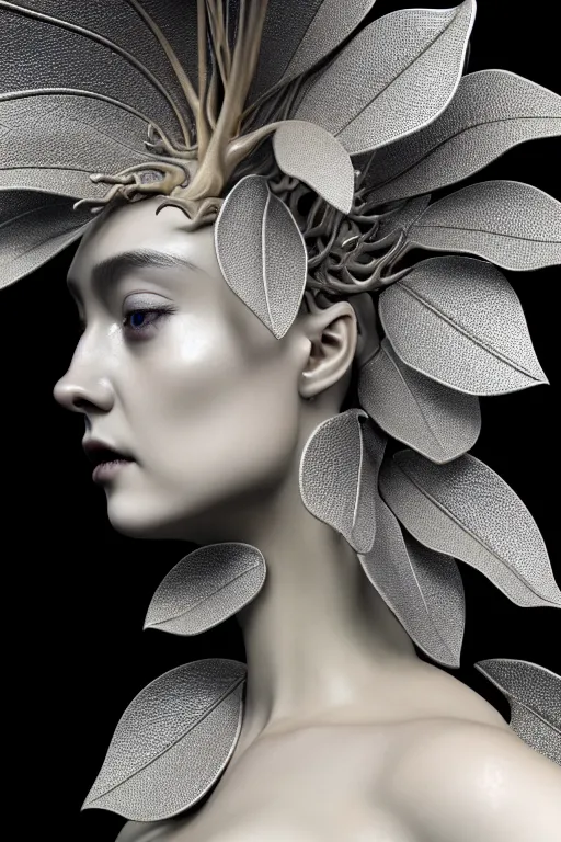 Image similar to monochrome close - up profile face, black background, beautiful young porcelain vegetal - dragon - cyborg - female, 1 5 0 mm, beautiful natural soft rim light, silver gold details, magnolia leaves and stems, roots, mandelbot fractal, elegant, hyper real, ultra detailed, white metallic armour, octane render, 1 6 k