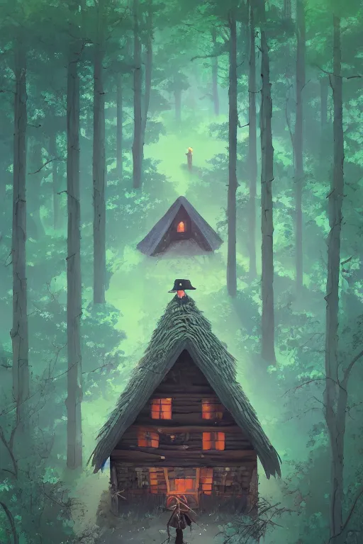 Image similar to a lonely witch's hut in a clearing in the forest on which a giant spaghetti monster is approaching, top view rule of thirds golden ratio, fake detail, trending pixiv fanbox, acrylic palette knife, style of makoto shinkai studio ghibli genshin impact james gilleard greg rutkowski chiho aoshima