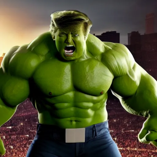 Prompt: Donald Trump cast as hulk, still from marvel movie, hyperrealistic, 8k, Octane Render,