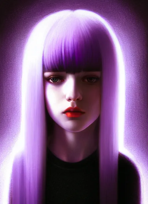 Image similar to hair whitebangs hair, black hair, whitebangs, portrait of teenage girl with white bangs, red irises, purple clothes, white bangs, bangs are different color from hair, intricate, elegant, glowing lights, highly detailed, digital painting, artstation, concept art, smooth, sharp focus, illustration, art by wlop, mars ravelo and greg rutkowski