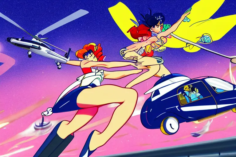 Image similar to police chase helicopter sailor moon stealing a catalytic converter