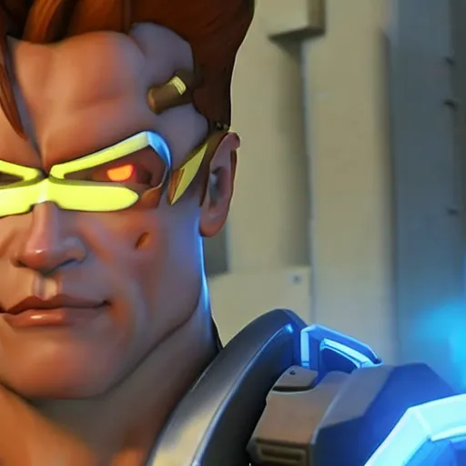 Prompt: a screenshot of arnold schwarzenegger as tracer in overwatch