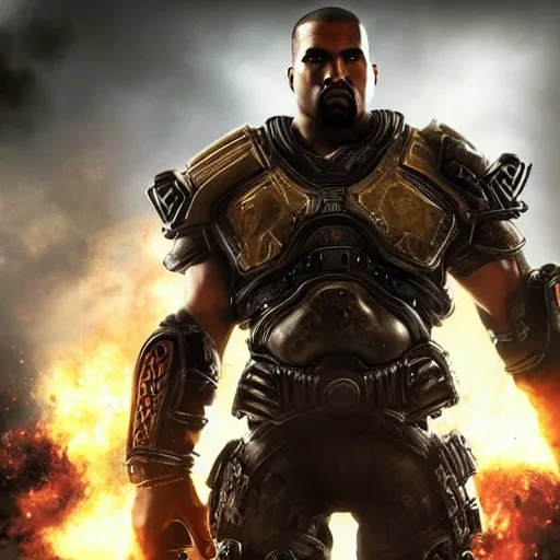 Image similar to Kanye West as Bowser in 'Gears of War', splash art, movie still, cinematic lighting, detailed face, dramatic, octane render, long lens, shallow depth of field, bokeh, anamorphic lens flare, 8k, hyper detailed, 35mm film grain