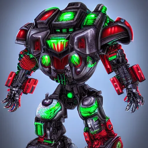 Prompt: Very highly detailed Cybertronic Watermelon warmachine. Concept digital art, epic dimensional light