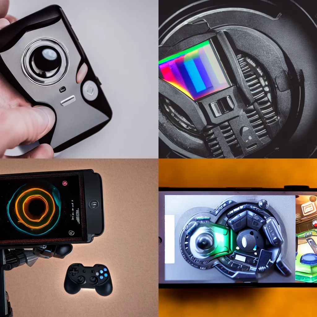 Prompt: product photography of hand held video game device, macro lens, product photography, studio light, prism highlights