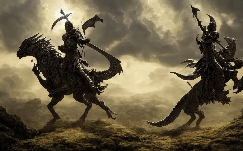 Prompt: a warrior on horseback holding a sword fighting a dragon, fantasy composition, medieval adventurers in lord of the rings scenery landscape, magic portal in the sky, highly detailed, cinematic lighting, perfect composition, 4 k, gustave dore, derek zabrocki, greg rutkowski, belsinski, octane render, dark fantasy, intricate, elegant, highly detailed