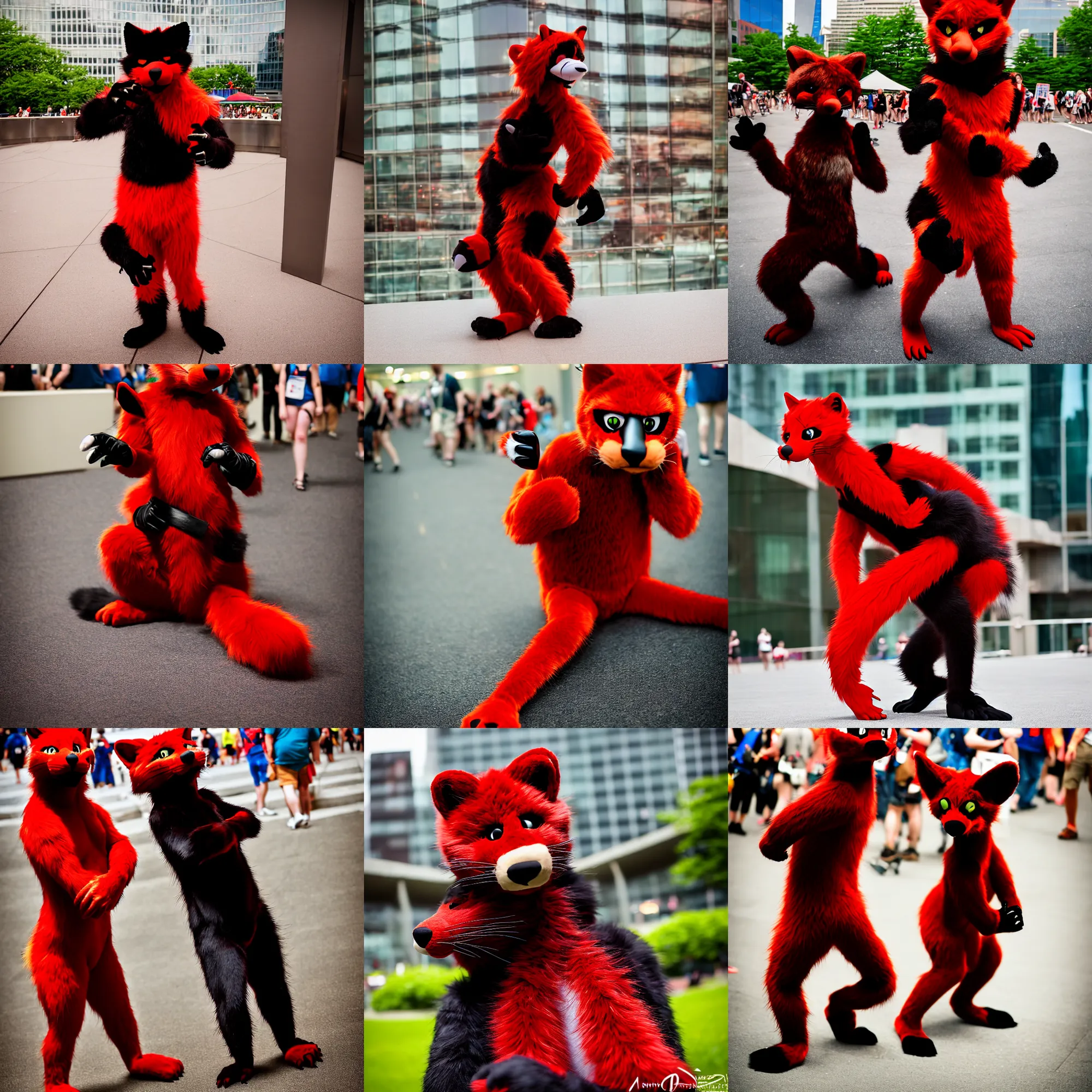 Prompt: fullbody photoshoot photo portrait of a cute roguish male red - black furred weasel furry fursuiter ( tail attached ), taken at anthrocon ( furry convention )