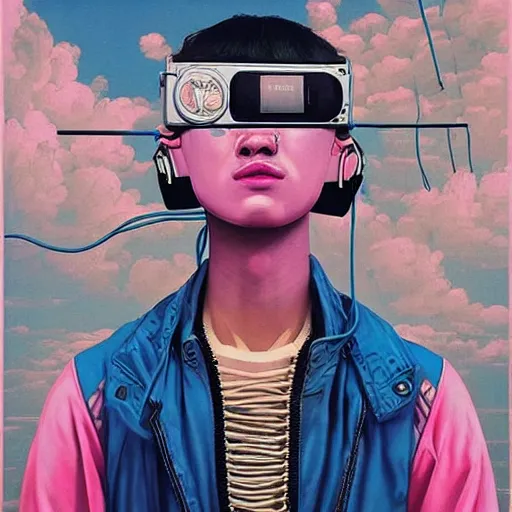 Image similar to Tristan Eaton & Greg Rutkowski, award winning masterpiece with incredible details, Zhang Kechun, a surreal vaporwave vaporwave vaporwave vaporwave vaporwave painting by Thomas Cole of an old pink mannequin head wearing VR goggles with cables and wires coming out of it's neck, highly detailed