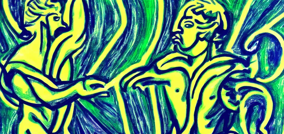 Prompt: an abstract spiritual background, a multiracial greek god dancing, green eyes. high contrast lines, great detail. 2 4 mm, photorealistic, saturated color scheme