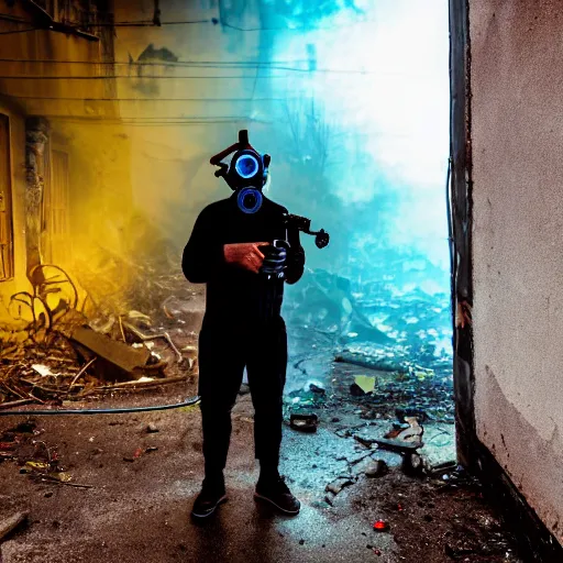 Image similar to A colorful photo of a mysterious man with a gas mask wearing a flashlight is standing in the midle of a staircase alley looking in the direction of the camera :: exterior, blue sky visible :: ruined city with vegetation and trees growing everywhere on the destroyed buildings :: apocalyptic, gloomy, desolate :: long shot, low angle, dramatic backlight, symmetrical, night, slightly colorful photography :: cinematic shot, very detailed