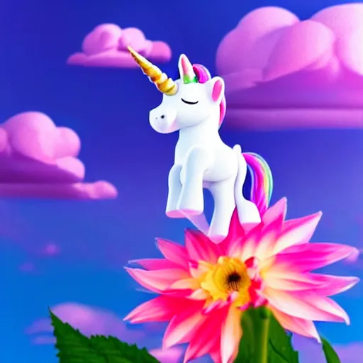 Image similar to very cute and tiny unicorn cat on Dahlia flower flying atop pink clouds, sky background, pixar style, cinematic lightning, award winning creature photography