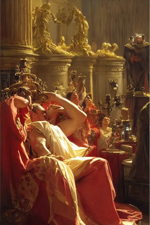 Image similar to beautiful oil painting, steve buscemi in royal crimson robes enthroned as the god emperor of ancient rome a golden wreath upon his head, by anders zorn, wonderful masterpiece by greg rutkowski, beautiful cinematic light, american romanticism, by thomas lawrence, greg rutkowski