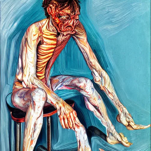 Image similar to high quality high detail painting of a man in agony by lucian freud and edward hopper and jenny saville and francis bacon, hd, dark demonic dancer, turquoise and orange