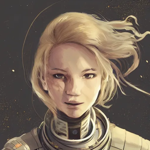 Prompt: highly detailed portrait of a young astronaut lady with a wavy blonde hair, by Dustin Nguyen, Akihiko Yoshida, Greg Tocchini, Greg Rutkowski, Cliff Chiang, 4k resolution, nier:automata inspired, bravely default inspired, vibrant but dreary gold, silver, opal, black and white color scheme!!! ((Space nebula graffiti background))