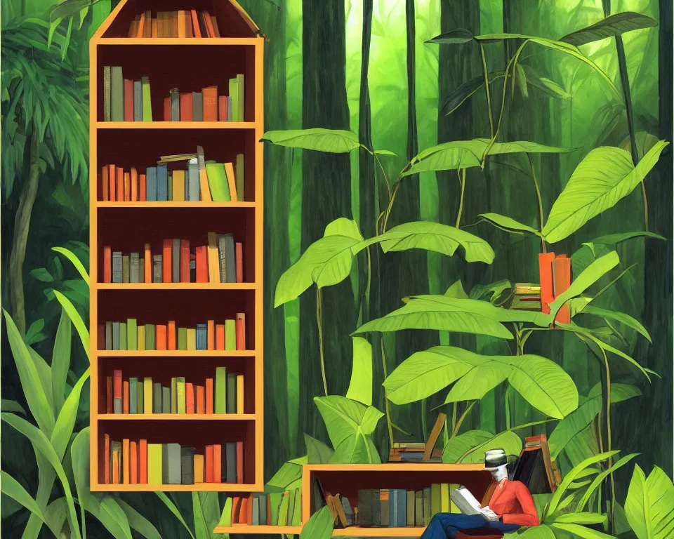 Image similar to one small bookshelf in the rainforest, featuring federal reporters, by hopper. hyperdetailed, proportional, romantic, enchanting, achingly beautiful, graphic print, trending on artstation, jungle, tropical, foliage