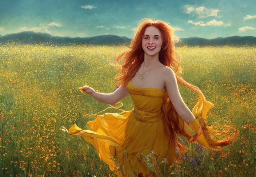 Image similar to a happy woman with copper hair and a flowing yellow sundress dancing in a field of wildflowers, with cute - fine - face, pretty face, realistic shaded perfect face, fine details by realistic shaded lighting poster by artstation, concept art, smooth, sharp focus, illustration, art by artgerm and greg rutkowski and alphonse mucha