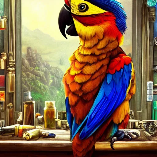 Image similar to Anthropomorphized parrot trader in his shop, selling his wares, portrait, items, magic potions, carpet, window, sly expression , cunning expression, cute expression, blue eyes, long thick shiny gold beak, presenting wares, holding a gold bag, D&D, fantasy, cinematic lighting, highly detailed, digital painting, artstation, concept art, smooth, sharp focus, illustration, warm light, cozy warm tint, magic the gathering artwork, volumetric lighting, 8k, art by Akihiko Yoshida, Greg Rutkowski