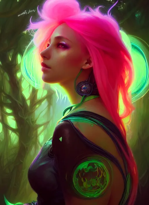 Image similar to stunningly beautiful female neon and neon hair, fantasy art, fae priestess, lush forest landscape, dark light night, sharp focus, digital painting, 4 k, concept art, art by wlop, artgerm, greg rutkowski and alphonse mucha