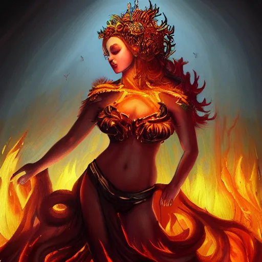 Prompt: A beautiful painting of a goddess with a body made of flames, fantasy, Trending on artstation.