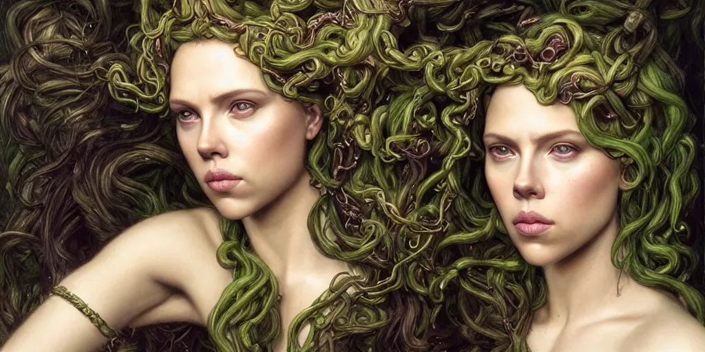 Image similar to epic masterpiece portrait of medusa played by scarlett johansson, followed by head with many souls, beautiful face and flawless skin, perfect hands, emeralds by Edgar Maxence and Ross Tran and Michael Whelan