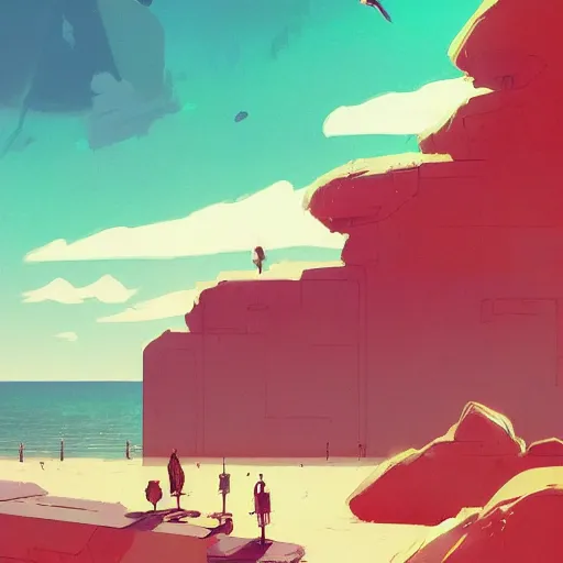 Image similar to a beach, highly detailed, by Atey Ghailan, by Loish, by Bryan Lee O'Malley, by Cliff Chiang, by Greg Rutkowski, inspired by image comics, inspired by graphic novel cover art, inspired by nier!! Gradient color scheme ((grafitti tag brick wall background)), trending on artstation