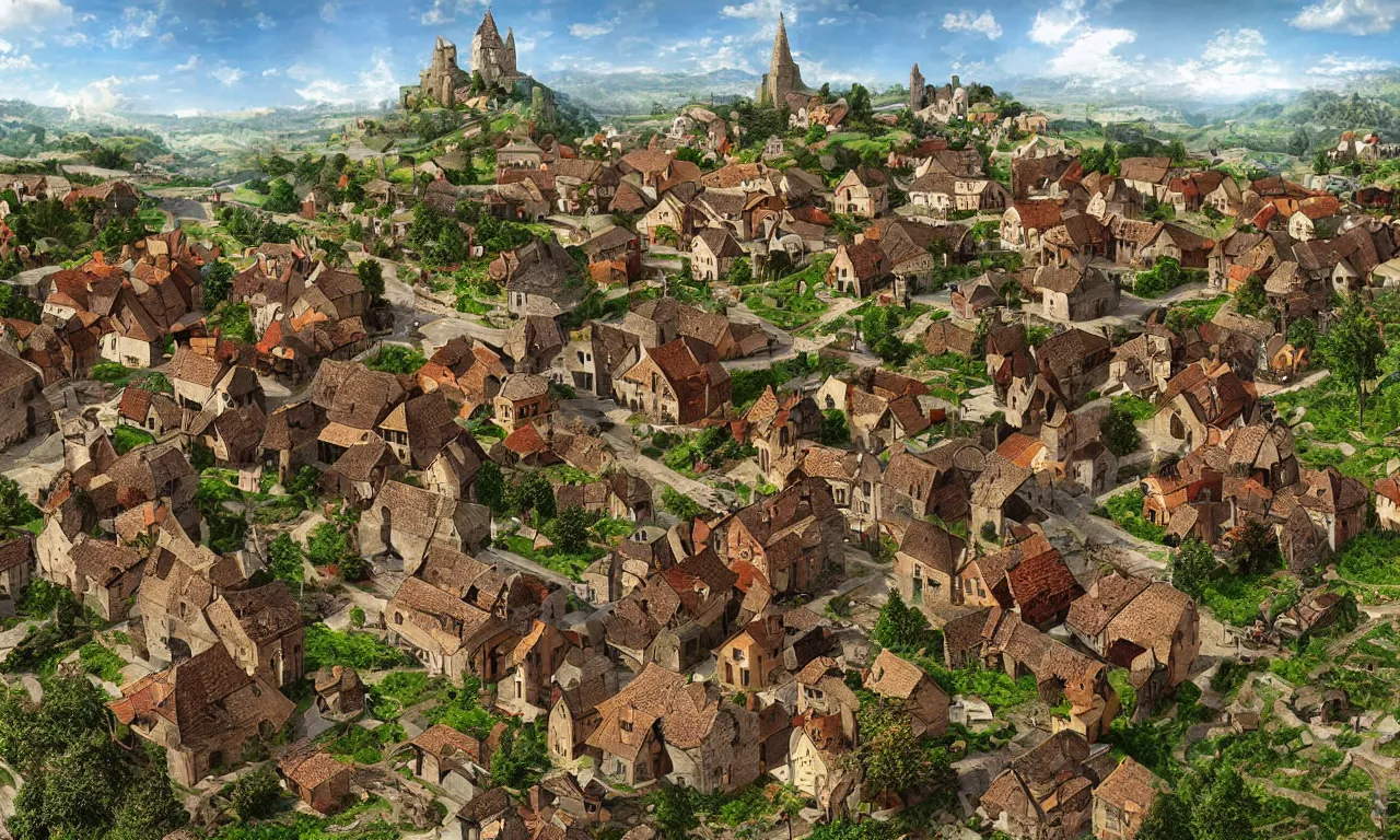 Image similar to beautiful medieval village diorama with a few houses and farms, digital art