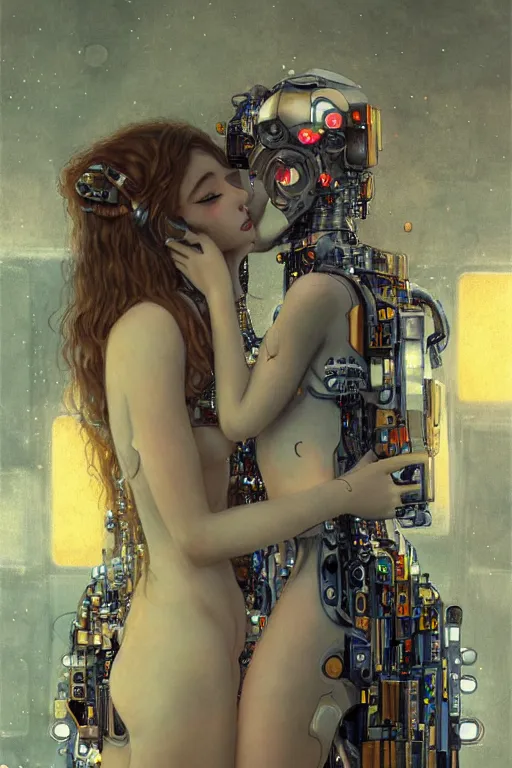 Image similar to two beautiful young cyborg maidens, cyberpunk, kiss, highly detailed, artstation, illustration, art by Gustav Klimt