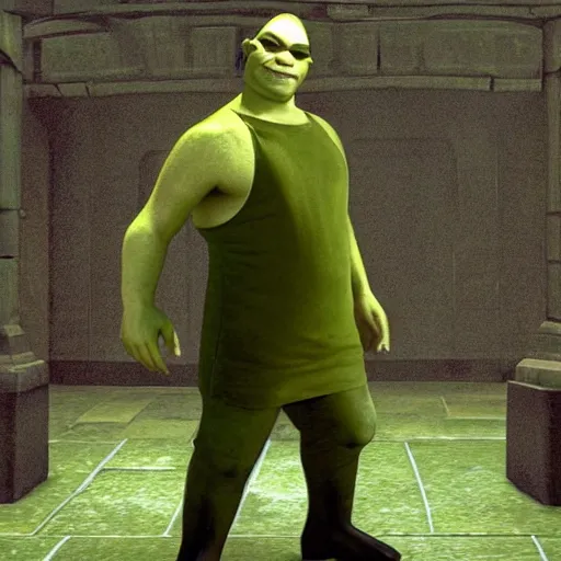 Prompt: Neo from the Matrix, early screen test. Shrek