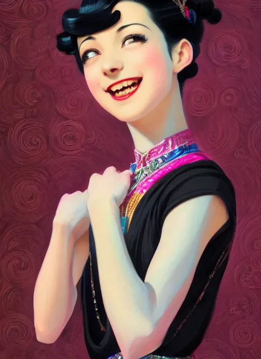 Image similar to a smiling beautiful dancer with black hair in 1920's fashion, living room background, intricate, highly detailed, digital painting, artstation, official media, anime key visual, concept art, rich vivid colors, ambient lighting, sharp focus, illustration, art by Artgerm, Makoto Shinkai, Ilya Kuvshinov, Lois Van Baarle, and Rossdraws