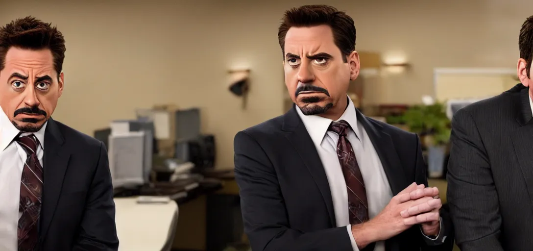 Image similar to a very high resolution image of tony stark and micheal scott. from an episode of the office. photorealistic, photography