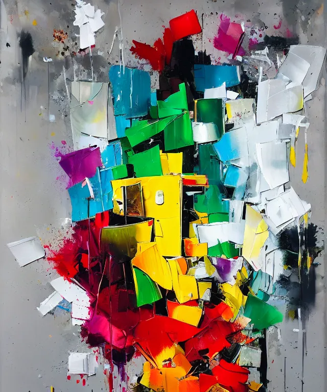 Image similar to acrylic and spraypaint portrait of origami frank gehry architecture, traffic light, explosions, graffiti wildstyle, large brush strokes, painting, paint drips, acrylic, clear shapes, spraypaint, smeared flowers, large triangular shapes, painting by totem 2, ashley wood, masterpiece