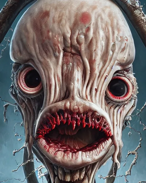 Image similar to Haunting horrifying hyperrealistic detailed painting of a tall slim surreal extraterrestrial creature made of bone texture, gelatinous goo oozing from mouth, heavy metal, and bloodshot eyeballs, hyper detailed, trending on Artstation