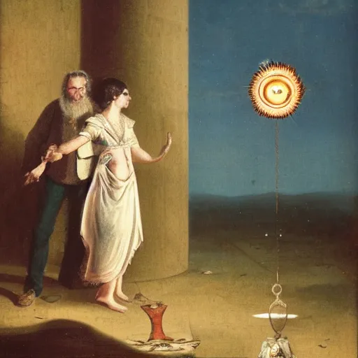 Prompt: a man and woman stand under a pendulum sun in the heart of arcadia.