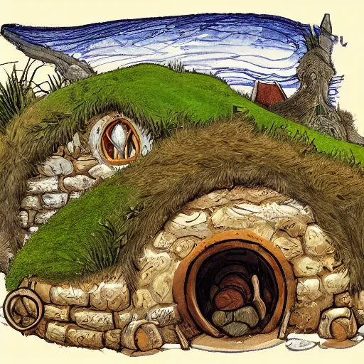 Prompt: a detailed illustration of hobbiton in winter, from the lord of the rings, round doors, hobbit burrows, a fat happy hobbit smoking a pipe