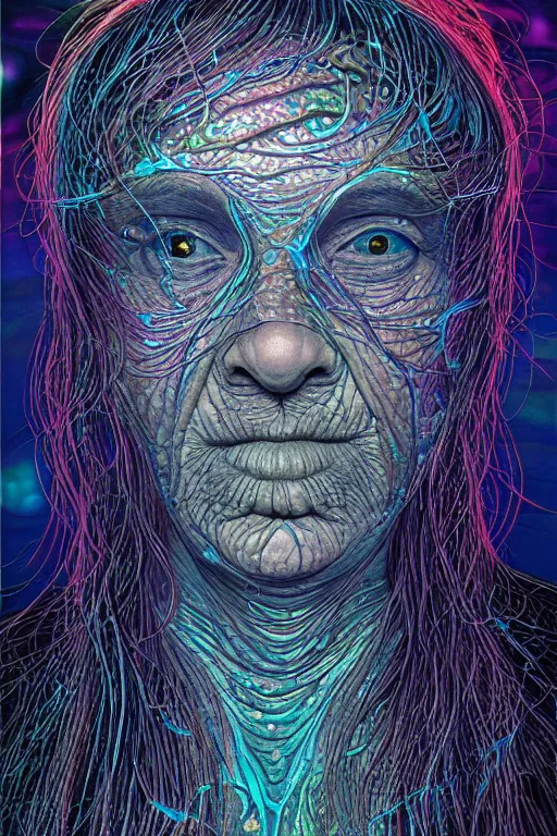 Image similar to dark underwater portrait of one Bioluminescent old woman, with cracked reaction diffusion semi-transparent skin. multicolored fish scales, face closeup. long intricate dark hair. good face proportions. with many jellyfishes. very high detail, illustration, by alex grey and Ilya Kuvshinov