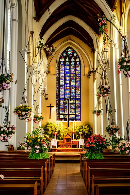 Image similar to photo inside a church full of flowers, ornate, highly detailed
