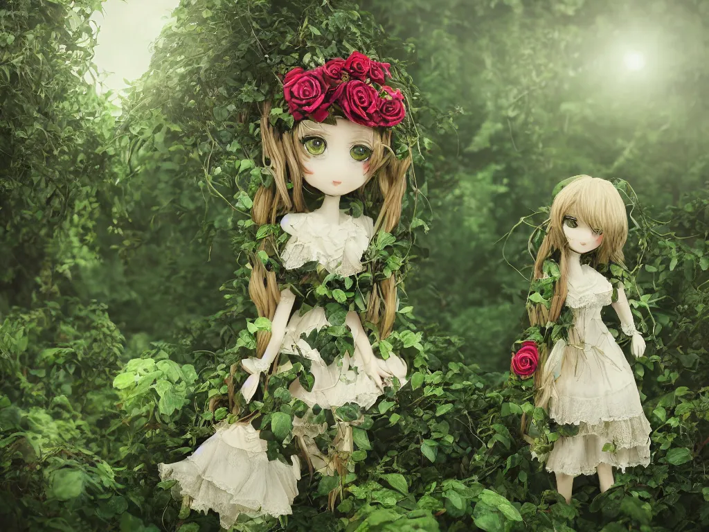 Image similar to cute fumo plush girl wrapped in vines in the middle of a lush rose garden, glowing gothic wraith plantgirl, tattered green dress, blue sky sunshine, bokeh, vray