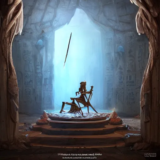 Prompt: fantasy movie scene greg rutkowski digital painting of an ornate and royal egyptian antechamber tomb with a old twisted wooden staff weapon with a blue crystal at it's tip laying on a stone altar, unreal engine, hyper realism, realistic shading, cinematic composition, blender render, octane render, hdr, detailed textures, photorealistic, 3 5 mm film