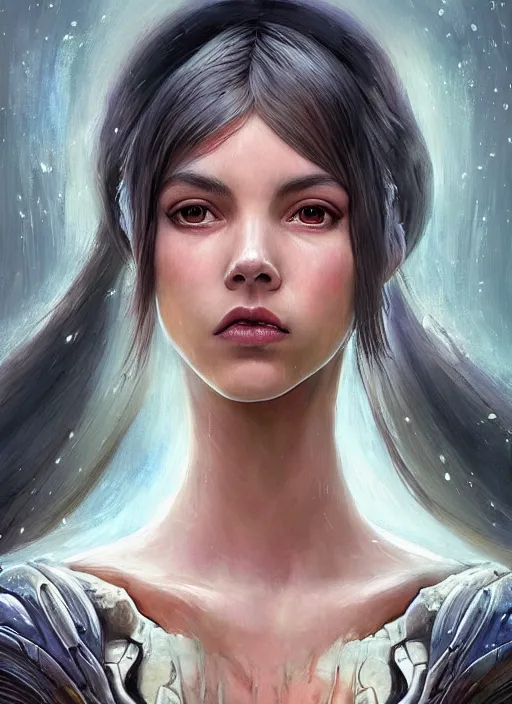 Image similar to a professional painting of a beautiful young female alien, clothed in ethereal armor, olive skin, long dark hair, beautiful bone structure, symmetrical facial features, intricate, elegant, digital painting, concept art, smooth, sharp focus, illustration, from Valerian and the City of a Thousand Planets, by Ruan Jia and Mandy Jurgens and Artgerm and William-Adolphe Bouguerea