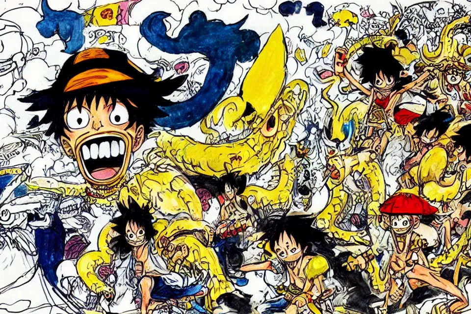 Image similar to concept sketches of luffy wearing a gold crown riding a large dragon by jamie hewlett, in the style of megaman